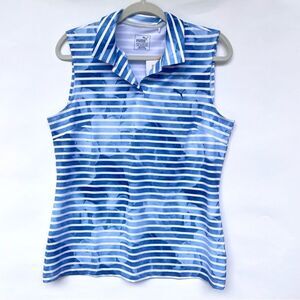 NWT PUMA Sleeveless Golf Polo Top Blue Striped Floral L